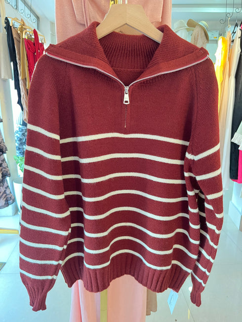 Heavy Knitted Collar Zip Stripes Pullover